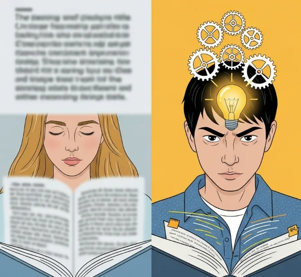Concept of active reading vs passive reading illustration.
