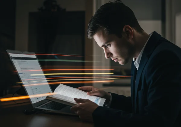 Person reading quickly with focus and concentration.