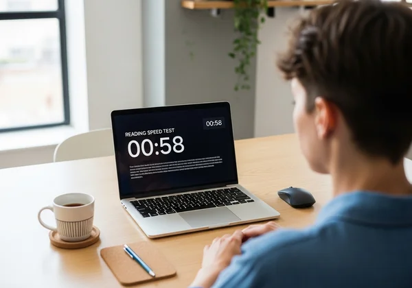 Person konzentriert sich auf einen Laptop-Bildschirm und macht einen Lesegeschwindigkeitstest