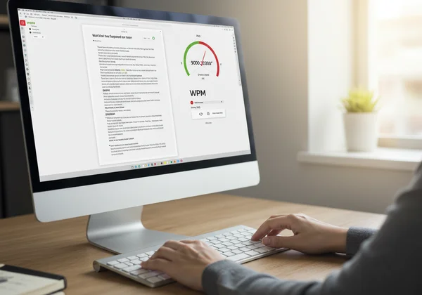 Person, die einen WPM-Lesegeschwindigkeitstest am Computer macht