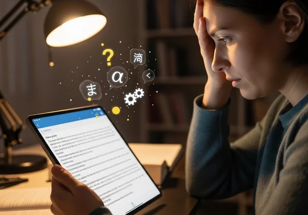 एक ईएसएल (ESL) शिक्षार्थी अंग्रेजी पाठ के साथ संघर्ष कर रहा है, मदद की तलाश में है