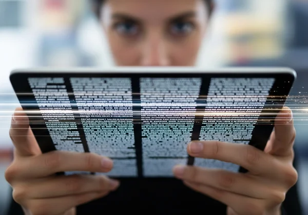 एक व्यक्ति टैबलेट पर तेज़ी से पाठ पढ़ रहा है, केंद्रित है।