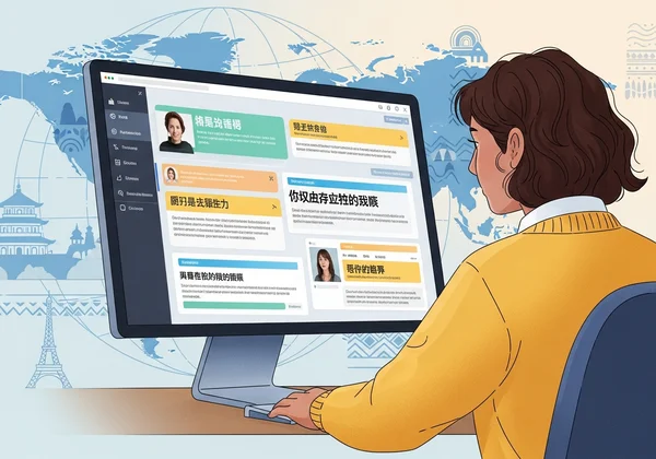 다양한 언어로 텍스트를 읽는 사람