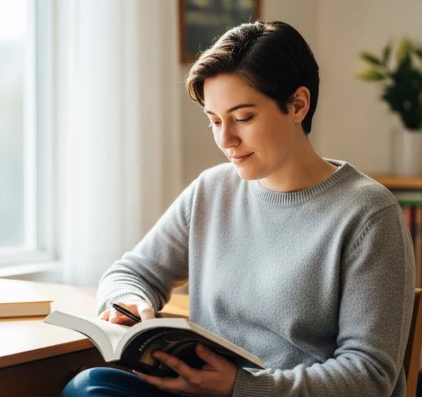 Person reading in a calm, focused environment for comprehension.
