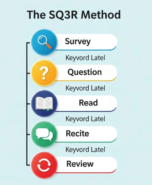 Diagram illustrating steps of SQ3R reading comprehension method.
