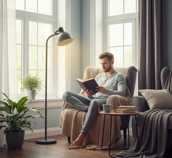 Focused reader in quiet environment with book and lamp.