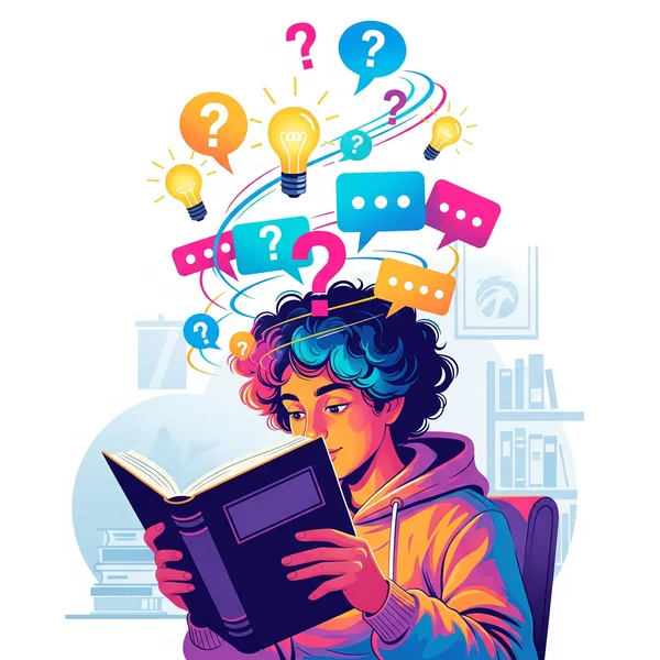 Person actively reading with question marks and ideas.