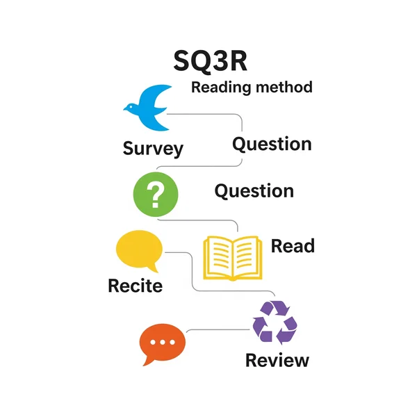 SQ3R reading comprehension method steps infographic.