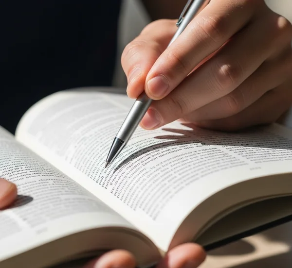 Person benutzt einen Finger, um das Lesen auf einem geöffneten Buch zu beschleunigen