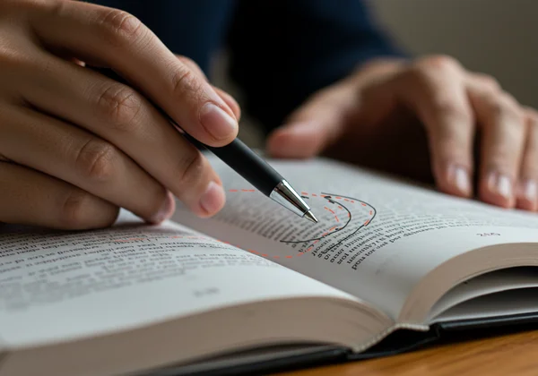 Tangan dengan pen membimbing mata merentasi teks pada halaman
