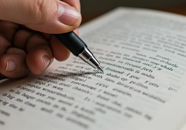 ペンを使って本のページを読むのをガイドしている手