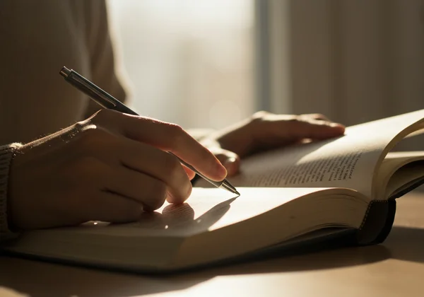 Orang menggunakan penuding untuk membaca pantas buku dengan fokus