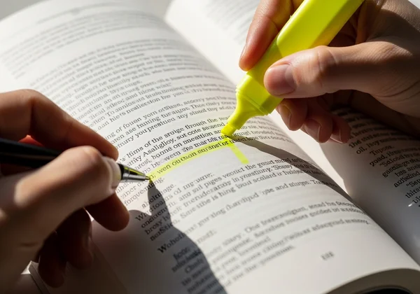 Hands highlighting text and writing notes in book margins