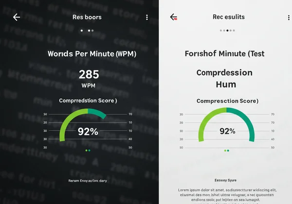 Interface of a WPM test showing speed and comprehension.
