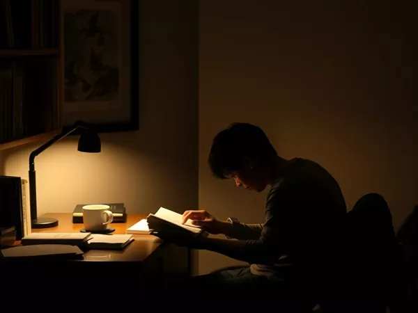 Person reading at a desk in a quiet and focused environment